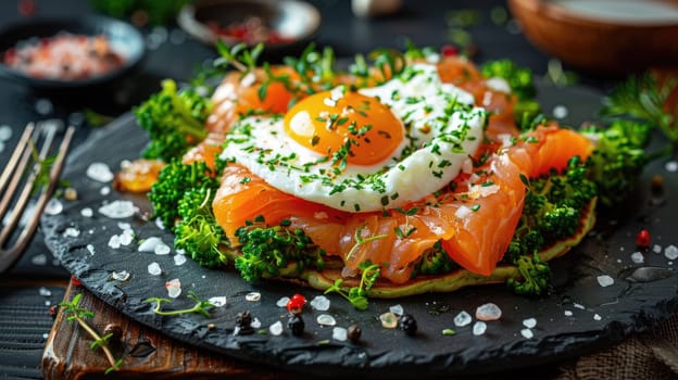 A beautiful culinary creation featuring poached egg atop fresh salmon and steamed broccoli, garnished with herbs, presented on a slate plate with seasoning.