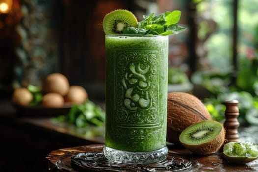 A refreshing green smoothie made with kiwi and mint is beautifully presented in a decorative glass. Natural ingredients add to the vibrant atmosphere, enhancing its appeal.