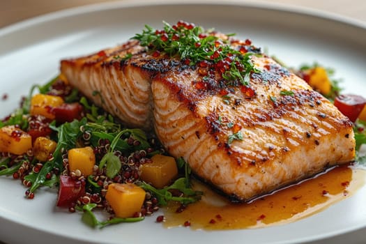 A beautifully plated grilled salmon fillet rests atop a vibrant quinoa salad, garnished with fresh herbs, diced vegetables, and a drizzle of sauce.