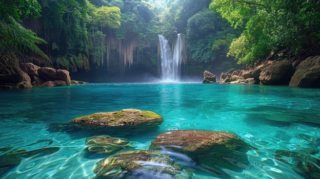 A serene waterfall cascades into a sparkling lagoon surrounded by dense tropical greenery. Smooth rocks line the water's edge, creating a peaceful retreat in nature.