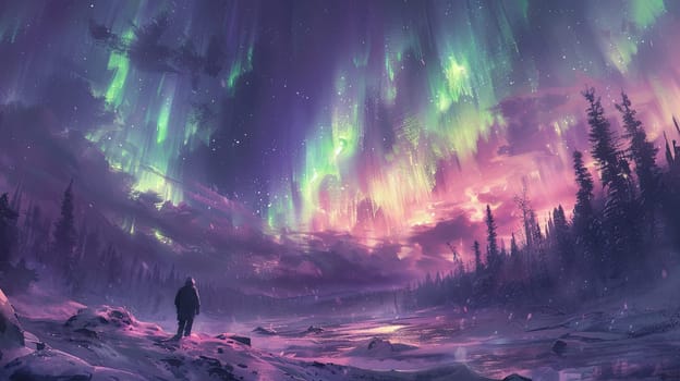 Vivid auroras dance across the night sky, casting bright colors over a serene winter landscape. A lone figure stands in awe, surrounded by tall trees and snow-covered ground.