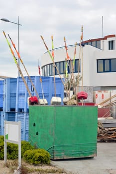 Fishing rods in a container in the port
