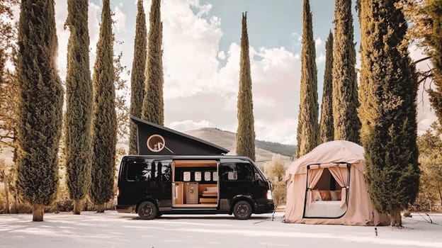 Luxurious camper van exploring the beautiful landscapes of tuscany, italy, offering a perfect blend of adventure and comfort
