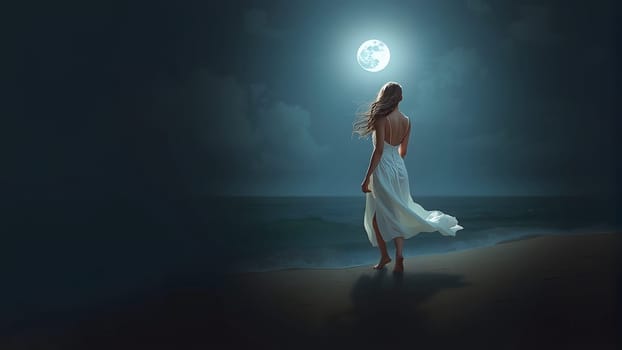 The Beautiful attractive girl on a night beach with sand and stars hugs the moon