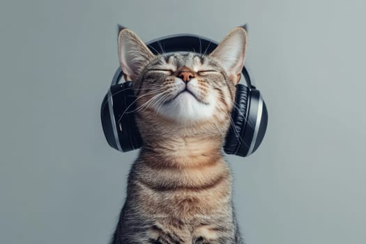This adorable tabby cat with perked ears wears stylish headphones, expressing pure joy while enjoying music in a modern, relaxed setting. Perfect for pet lovers!