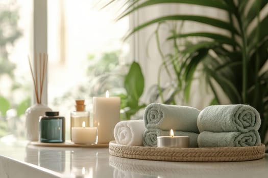 A serene spa scene featuring rolled towels and soft candles, creating a calming atmosphere perfect for relaxation and self-care rituals.