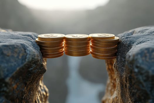 A striking image of a bridge made entirely of stacked golden coins, connecting two rocky cliffs, showcasing natural beauty and symbolic significance in finance.