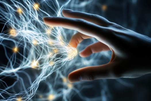 A human hand reaches out to touch a vibrant network of glowing neural connections, symbolizing interaction between consciousness and technology in an abstract dreamlike setting.