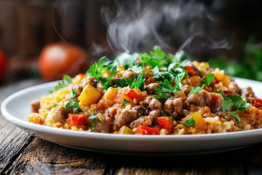 A steaming hot dish served on a white plate, featuring vibrant ingredients and fresh herbs, ideal for showcasing culinary creativity and delicious meals.