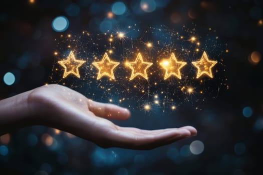 A creative representation of customer satisfaction featuring holographic stars above an open hand, symbolizing positive reviews and feedback in a digital context.