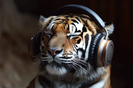 A beautiful tiger with a relaxed expression wears large padded headphones, showcasing a serene moment in nature. The vibrant stripes and calm demeanor create a captivating scene.