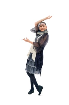 Teenaged girl wearing fashion costume and hat isolated view