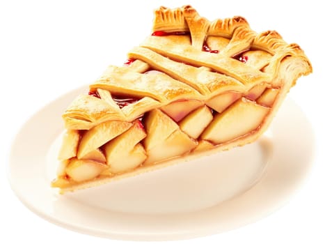 Apple Pie, triangular slice on ornate plate, flaky golden crust, vibrant red filling, cinnamon aroma, hero shot, bright colors.