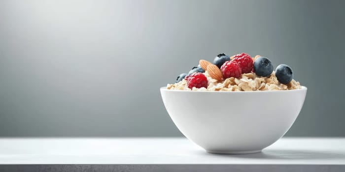 Healthy breakfast bowl with steaming oatmeal, fresh berries, and crunchy nuts on a minimalist table setting.