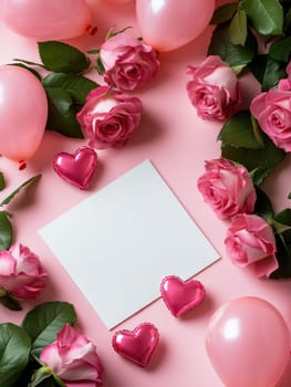 Romantic Valentines day composition with pink roses and heart shaped balloons for greeting card design.