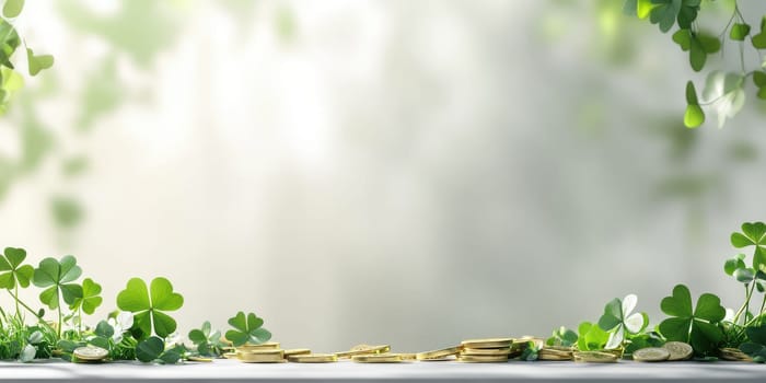 Tranquil spring scene with golden coins and green clover leaves.