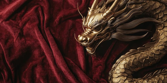 Close up of ornate golden dragon sculpture on luxurious red velvet fabric.