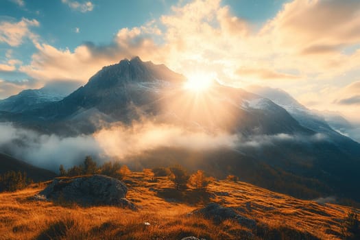 View of sunset over the mountains. The setting sun casts a warm golden light, blue cloudy sky. Generated by artificial intelligence.