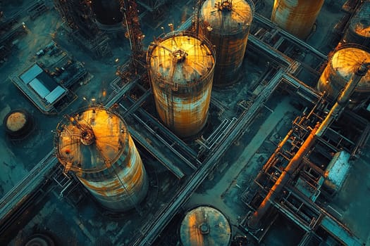 An aerial view of a chemical plant with old pipelines and rusty storage tanks located throughout the plant. Heavy and petrochemical products.
