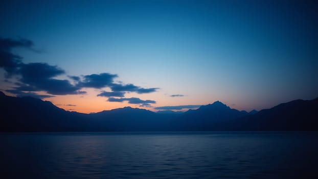 This breathtaking photograph captures the serene beauty of a sunset over a tranquil lake, with the silhouettes of majestic mountains rising in the distance. The soft, pastel hues of the twilight sky blend seamlessly with the deep blue of the water, creating a scene of unparalleled peace and tranquility. The image is ideal for projects that evoke feelings of calm, relaxation, and the beauty of nature. The high-resolution detail allows for versatile use in various applications, from websites and brochures to calendars and wall art. The composition is balanced and harmonious, making it a visually appealing choice for a wide range of audiences. This image is perfect for representing travel, serenity, escapism, and the majestic power of nature.