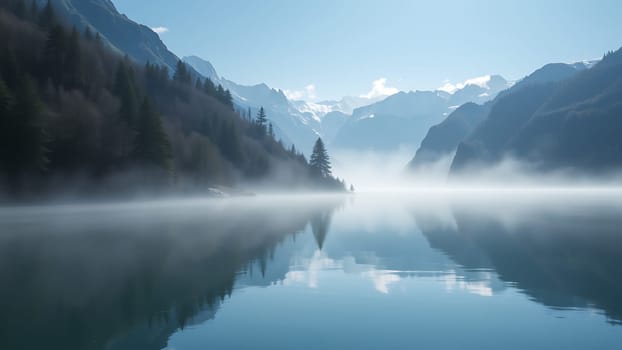 This breathtaking photograph captures the serene beauty of a mountain lake nestled amidst a majestic landscape. The calm waters perfectly mirror the snow-capped peaks and surrounding forest, creating a stunning reflection. A light morning mist adds an ethereal quality, enhancing the sense of tranquility and peace. The image is ideal for projects related to travel, nature, serenity, calmness, and environmental conservation. Its stunning composition and rich color palette make it perfect for calendars, travel brochures, websites, and more.