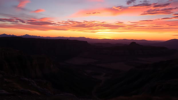 This breathtaking photograph captures the vibrant hues of a sunset painting the sky in shades of orange, pink, and purple. The sun dips below the horizon, casting long shadows across a rugged mountain range and deep canyon valley. The silhouette of the mountains creates a stark contrast against the fiery sky, offering a sense of depth and grandeur. This image is perfect for projects related to travel, nature, adventure, landscape photography, and environmental conservation. Its dramatic lighting and composition make it ideal for calendars, posters, website banners, and travel brochures. The serene yet powerful scene evokes feelings of awe and wonder, making it suitable for a wide variety of applications.