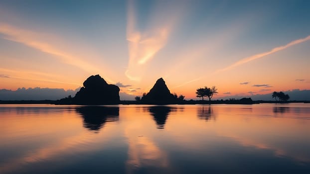 This breathtaking image captures the serene beauty of a sunset over a tranquil body of water. Two prominent, dark silhouettes of rock formations stand proudly in the foreground, their shapes mirrored perfectly in the still water below. A few small trees add a touch of life to the scene, their silhouettes also reflected in the water, creating a symmetrical and peaceful composition. The sky displays a stunning array of warm sunset colors – oranges, pinks, and yellows – creating a dramatic yet calming backdrop. The overall mood is peaceful, reflective, and idyllic, making this image perfect for use in calendars, travel brochures, websites, or any project requiring a tranquil and visually appealing nature scene. The high-resolution detail ensures the image remains crisp and clear even at large sizes.