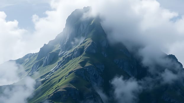 This breathtaking photograph captures a majestic mountain peak dramatically enveloped in a swirling mist. The image showcases a stunning contrast between the vibrant green slopes, rugged rocky cliffs, and the ethereal, flowing clouds. Sunlight filters through the clouds, highlighting the texture and depth of the mountain's features. The scene evokes a sense of mystery, adventure, and the raw power of nature. Perfect for projects related to travel, adventure, nature, environmental conservation, and outdoor recreation. This high-resolution image is ideal for large format printing, website banners, and magazine layouts.