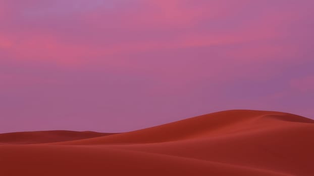 This captivating photograph showcases a breathtaking desert landscape at sunset. The image features gently rolling crimson sand dunes bathed in the soft, warm glow of the setting sun. The sky above is a stunning gradient of lavender and purple, creating a striking contrast with the deep red of the sand. The scene is remarkably tranquil and peaceful, conveying a sense of vastness and serenity. This image is ideal for projects related to travel, nature, serenity, calmness, and desert landscapes. Its unique color palette makes it perfect for artistic and design applications, such as website backgrounds, print media, and calendars.