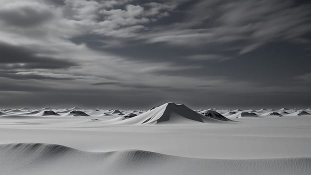 This stunning black and white image captures the serene beauty of a winter landscape. The photograph features a wide shot of a snow-covered plain dotted with numerous small, rounded hills, creating a visually captivating texture across the entire frame. A central, larger hill commands attention, providing a focal point against the vastness of the snowy terrain. The sky is a dramatic display of dark, brooding clouds, adding depth and contrast to the overall composition. This image is ideal for projects related to nature, winter, travel, landscape, arctic, and environmental themes. It evokes a sense of peace, solitude, and the raw beauty of untouched wilderness. The high-contrast monochrome palette adds a timeless and artistic quality, perfect for calendars, websites, brochures, or any project seeking a sophisticated and impactful visual.