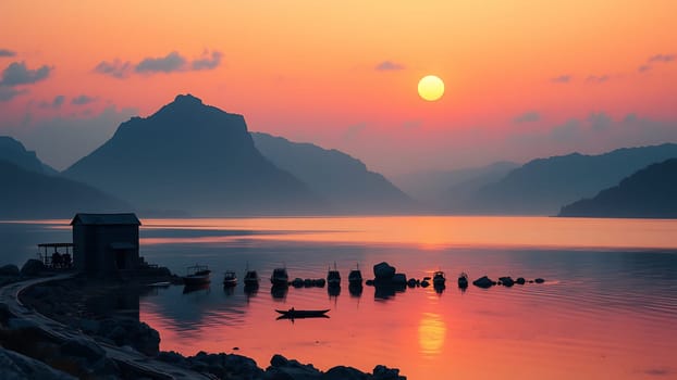 This breathtaking photograph captures the serene beauty of a sunrise over a tranquil mountain lake. The vibrant orange hues of the rising sun paint the calm water, creating a stunning reflection of the surrounding landscape. Several small fishing boats are peacefully moored near a rustic wooden cabin nestled on the lakeshore, adding a touch of human presence to the otherwise untouched natural scene. The silhouette of the mountains adds depth and majesty to the composition. This image is ideal for use in calendars, travel brochures, websites, or any project needing a peaceful and inspiring nature backdrop. The high-resolution detail allows for large-scale printing without loss of quality.