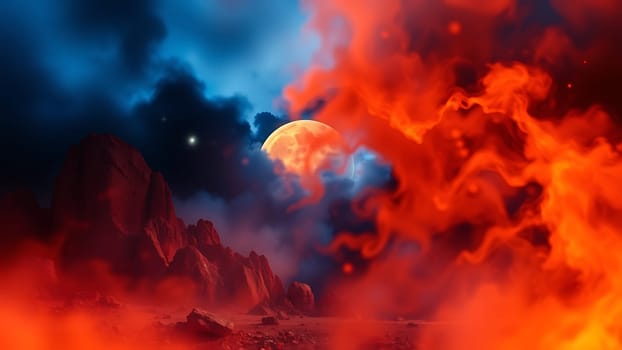 This breathtaking image depicts a surreal and dramatic landscape bathed in fiery red hues. A massive orange moon hangs low in the sky, its glow casting an eerie light across jagged, red rock formations. The foreground is shrouded in a swirling, crimson mist or smoke, adding to the apocalyptic atmosphere. The scene evokes a sense of mystery and otherworldly beauty, perfect for illustrating themes of fantasy, science fiction, or the end of the world. The high contrast between the fiery red and the deep blue night sky further enhances the dramatic impact of the image. This visually stunning piece is suitable for a variety of uses, including book covers, video game art, science fiction film posters, website backgrounds, and more.