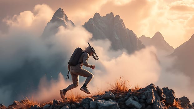 This breathtaking image showcases a determined hiker running energetically across a rocky mountain trail, his figure silhouetted against a backdrop of stunning, cloud-shrouded peaks bathed in the warm glow of a setting sun. The hiker's dynamic movement and the vast, awe-inspiring landscape create a powerful visual narrative of adventure, perseverance, and the beauty of nature. Ideal for projects related to travel, adventure, outdoor gear, fitness, and inspirational themes. The dramatic lighting and misty mountain ambiance enhance the image's mood and impact, making it perfect for calendars, posters, travel brochures, and websites. The high resolution and sharp details ensure excellent print quality for various applications.