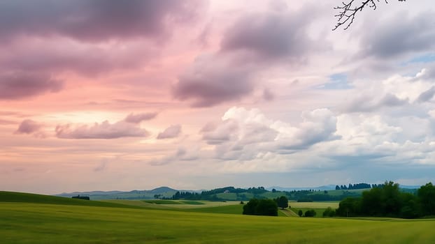 This breathtaking landscape photograph captures the serene beauty of a sunset over gently rolling green hills and expansive fields. The sky is a masterpiece of soft pink and white clouds, creating a dreamy and peaceful atmosphere. The image is perfect for projects related to nature, tranquility, travel, or real estate, offering a sense of calm and vastness. The composition is balanced, showcasing the idyllic countryside scene in stunning detail, making it an ideal choice for calendars, websites, brochures, or any project requiring an image that evokes feelings of serenity and peace. The vibrant yet soft colors make it visually appealing and versatile for various applications.