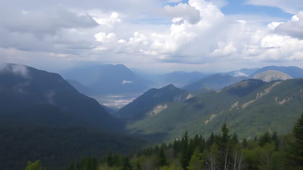 This breathtaking panoramic photograph captures a stunning vista of rolling, verdant mountains under a partly cloudy sky. The image showcases a vast expanse of lush green forests covering the mountain slopes, creating a visually captivating scene of natural beauty. A small town or village is visible nestled in the valley below, offering a sense of scale and highlighting the harmonious blend of nature and human settlement. The clouds add depth and texture to the sky, contrasting beautifully with the deep greens of the mountains. This image is perfect for projects related to travel, nature, environmental conservation, tourism, and geographical exploration. It would also be ideal for use in calendars, websites, brochures, or any project seeking to evoke a sense of awe and serenity. The high resolution allows for large format printing without loss of quality.