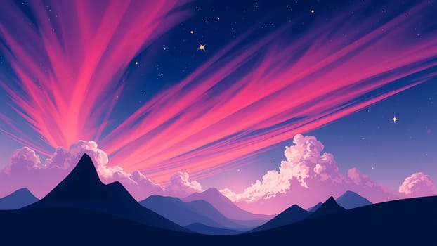 This breathtaking illustration showcases a vibrant pink sunset painting the sky with dynamic streaks of color. Fluffy, pastel clouds are scattered across the horizon, adding depth and texture to the scene. Silhouetted mountains stand proudly against this awe-inspiring backdrop, creating a captivating contrast of dark and light. The image's dreamy aesthetic is enhanced by the presence of twinkling stars in the night sky, making it perfect for projects related to fantasy, dreamscapes, travel, or nature. Its vibrant color palette and serene composition make it suitable for use as a wallpaper, website banner, or in any design project requiring a touch of magic and wonder. The stylized clouds and mountains add a touch of modern art and graphic design flair.