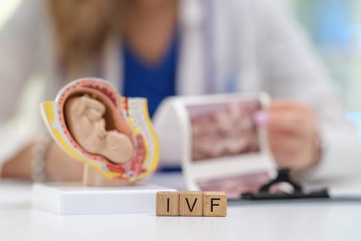 This image showcases a closeup of IVF concepts featuring a model of a fetus alongside ultrasound images in a clinic