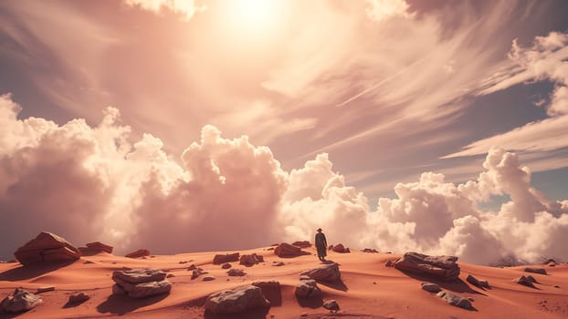This breathtaking image captures a lone figure standing on a Martian-like desert landscape, silhouetted against a stunning sunset. Massive, fluffy clouds dominate the sky, creating a dramatic and otherworldly atmosphere. The red sand dunes are punctuated by rocky formations, adding texture and depth to the scene. The overall composition evokes a sense of exploration, adventure, and quiet solitude. This high-resolution image is perfect for science fiction, fantasy, travel, adventure, and inspirational projects. Use it to illustrate books, posters, websites, and more.