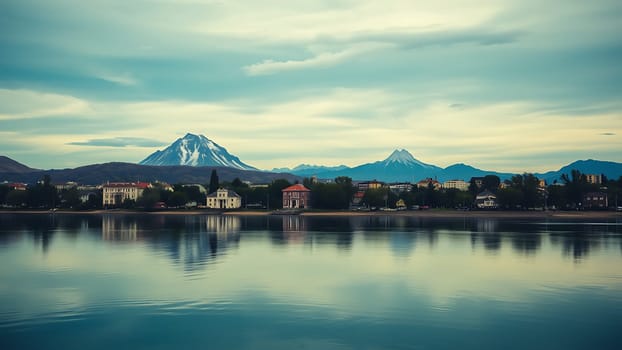 This breathtaking photograph captures the idyllic scenery of a coastal town gracefully situated against the backdrop of two magnificent snow-capped volcanoes. The tranquil waters of the lake or bay mirror the picturesque cityscape and the towering mountains, creating a visually stunning reflection. The image is bathed in soft, natural light, enhancing the peaceful atmosphere and showcasing the architectural details of the buildings. The vibrant greenery surrounding the town adds a touch of life and contrast to the serene landscape. This image is ideal for travel brochures, websites, calendars, and publications focusing on nature, travel, and tranquil destinations. The image's composition and color palette evoke a sense of serenity and adventure, perfect for projects promoting tourism, environmental awareness, or peaceful living.