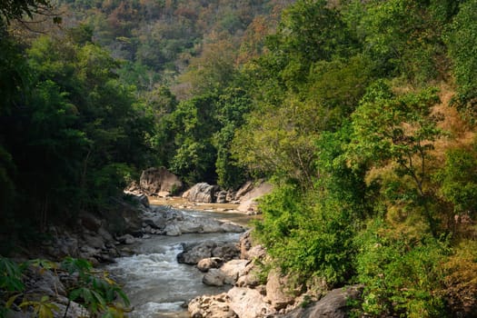 Tranquil river flowing through green forest surrounded by rocky. Beauty of nature, environment, and travel concept.