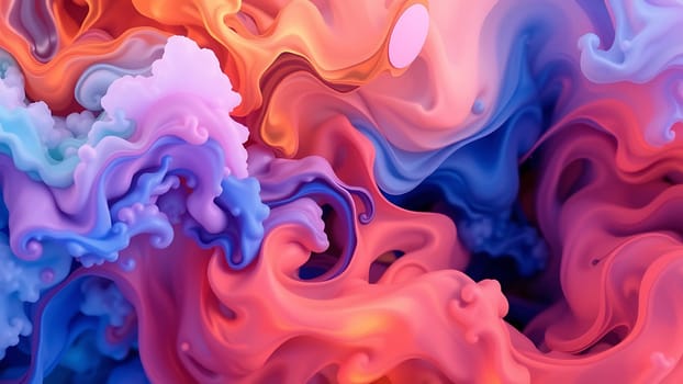 This captivating image showcases a mesmerizing blend of vibrant pink, blue, and orange inks swirling and intermingling in a fluid, dynamic motion. The colors create a dreamlike, almost ethereal effect, with soft, flowing gradients and textures that are both visually striking and aesthetically pleasing. The image's high resolution and rich color saturation make it perfect for use as a background in various design projects, such as websites, social media graphics, print advertisements, or artistic compositions. The abstract nature of the image allows for broad application and versatile interpretation, sparking creativity and adding a touch of elegance and sophistication to any project. The interplay of light and shadow within the swirling inks adds depth and complexity.