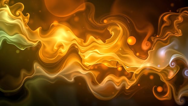 This captivating image showcases an abstract composition of swirling smoke in shades of golden yellow and soft green. The smoke flows organically, creating dynamic curves and patterns. Luminous particles add depth and a shimmering quality, enhancing the ethereal feel. The dark background accentuates the vibrant colors of the smoke, making it perfect for various applications such as website banners, digital art, presentations, or as a unique texture overlay. The image's rich color palette evokes feelings of warmth, luxury, and mystery, offering a versatile aesthetic for a wide range of design projects.