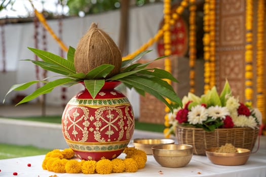Copper and gold kalash with coconut and mango leaf with marigold flower decoration at the bottom for hindu puja for all hindu pooja occasions.