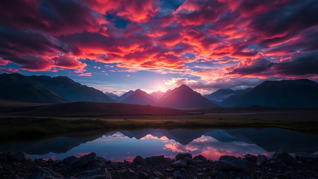 This captivating image showcases a tranquil mountain lake perfectly reflecting a stunning sunset. The sky is ablaze with vibrant pink and purple clouds, creating a dramatic contrast against the silhouette of the majestic mountain range. The scene is peaceful and serene, evoking a sense of tranquility and natural beauty. This image is ideal for various applications, including calendars, travel brochures, websites, and social media posts, offering a visually striking representation of nature's splendor. The high resolution allows for versatile use in large-format printing.