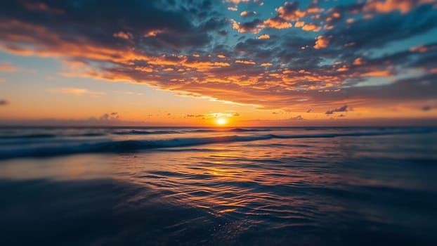 This stunning photograph captures the serene beauty of a sunset over a tranquil ocean. The sky is ablaze with vibrant oranges, pinks, and blues, creating a dramatic and colorful backdrop. Gentle waves lap the shore, reflecting the warm glow of the setting sun. The image offers a sense of peace and tranquility, perfect for use in travel brochures, websites, calendars, or any project seeking to evoke a feeling of relaxation and escape. The slightly blurred foreground adds depth and a dreamy quality to the scene. This high-resolution image is ideal for large-format printing.