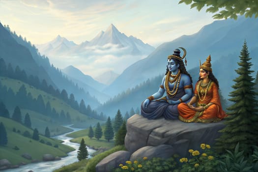 Lord Shiva and Goddess Parvati at mount Himalaya.