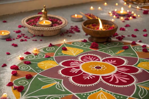 Beautiful Rangoli design making during Indian festivals like Diwali, Pongal, Sankranti, Onam, Gudi padwa, Gangaur. Rangoli patterns art.