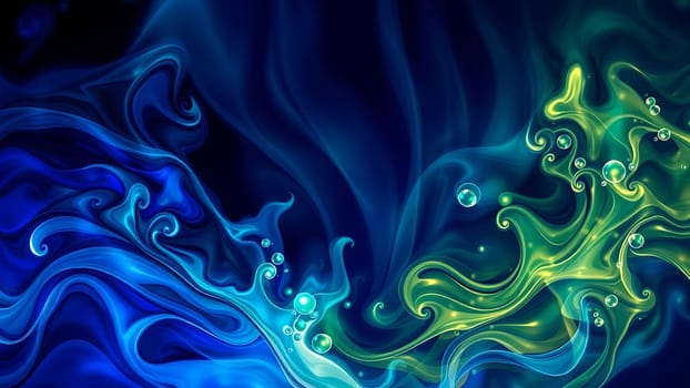 This mesmerizing digital artwork showcases a vibrant abstract composition of swirling blue and green liquid. The fluid forms create dynamic, flowing patterns, enhanced by the ethereal glow of scattered luminous bubbles. The contrast between the cool blues and warm greens is visually striking, offering a sense of depth and movement. This image is perfect for use as a background in website design, presentations, marketing materials, or as a striking element in any creative project needing a touch of elegance and fluidity. The high resolution ensures crisp detail at any size.