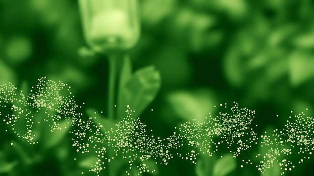 This stunning image showcases an abstract representation of nature, blending a soft, blurred green background with delicate, light-colored particles. The out-of-focus greenery suggests a lush garden or forest, while the ethereal particles create a sense of movement and growth. The color palette is calming and evokes feelings of tranquility and natural beauty. Ideal for use in presentations, websites, brochures, or any design project needing a serene and eco-friendly aesthetic. The image offers a unique and artistic take on environmental themes, perfect for conveying concepts related to sustainability, ecology, or the natural world.