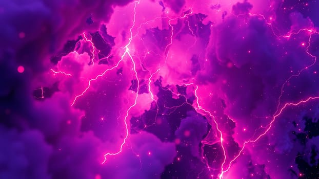 This high-resolution image showcases vibrant pink lightning bolts dramatically streaking across a deep purple nebula cloud. The image is rich in detail, with glowing particles adding depth and texture to the scene. The contrasting colors and dynamic energy make it ideal for science fiction, fantasy, technology, music, and video game backgrounds, album art, or any project requiring a powerful and visually arresting backdrop. Its intense color palette and abstract composition offer a captivating visual experience.